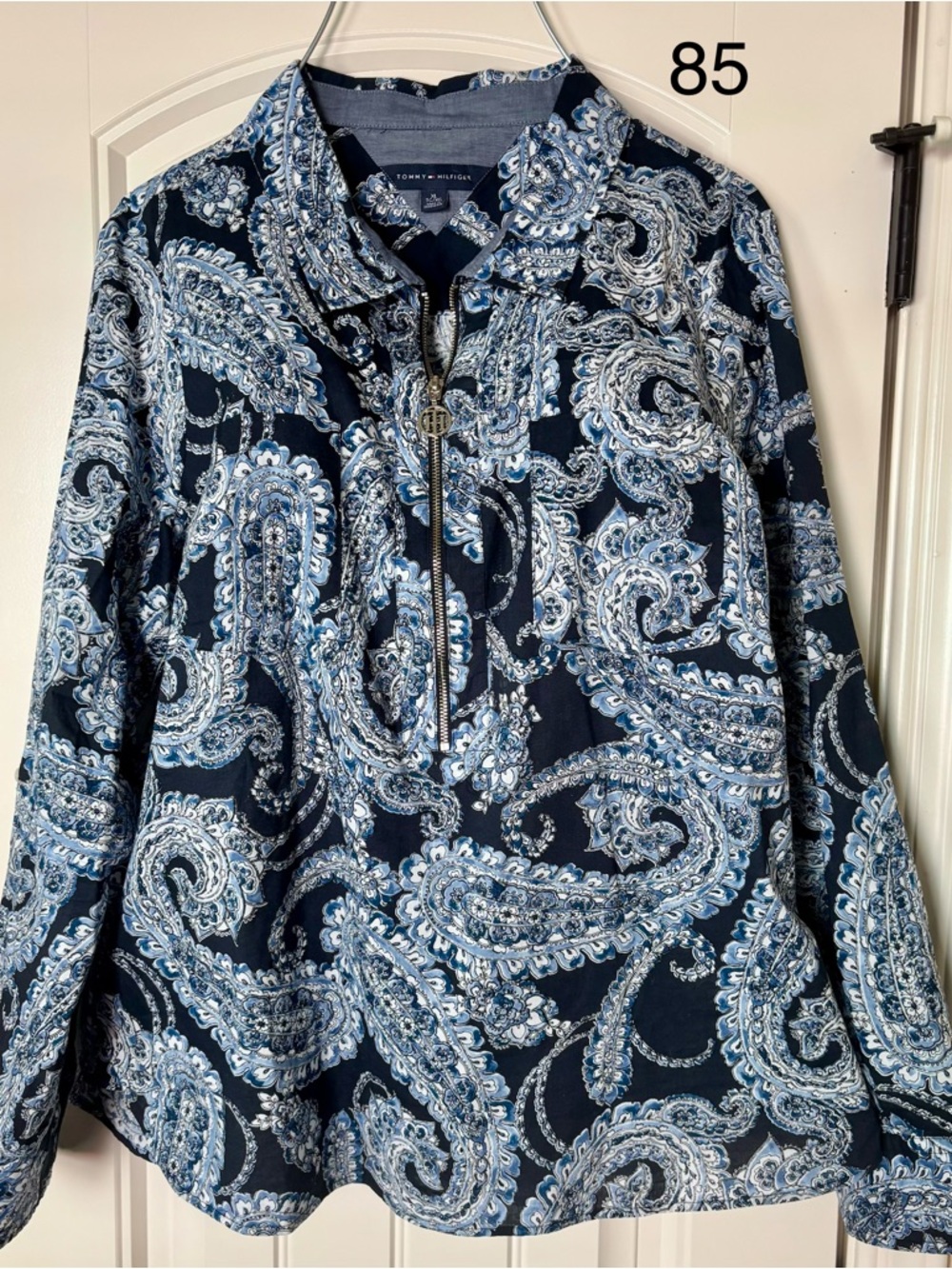 Tommy Hilfiger Navy Blue&White Shirt  Top Women’s Paisley Print Half-Zip Size XL